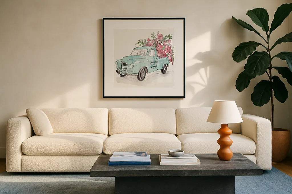 Vintage Travel V by Anne Tavoletti. Displayed in a glass frame with matte in a clean modern living room. Available as an archival giclee rolled canvas, fine art paper, or poster print. SKU 82093a.