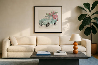 Vintage Travel V by Anne Tavoletti. Displayed in a glass frame with matte in a clean modern living room. Available as an archival giclee rolled canvas, fine art paper, or poster print. SKU 82093a.