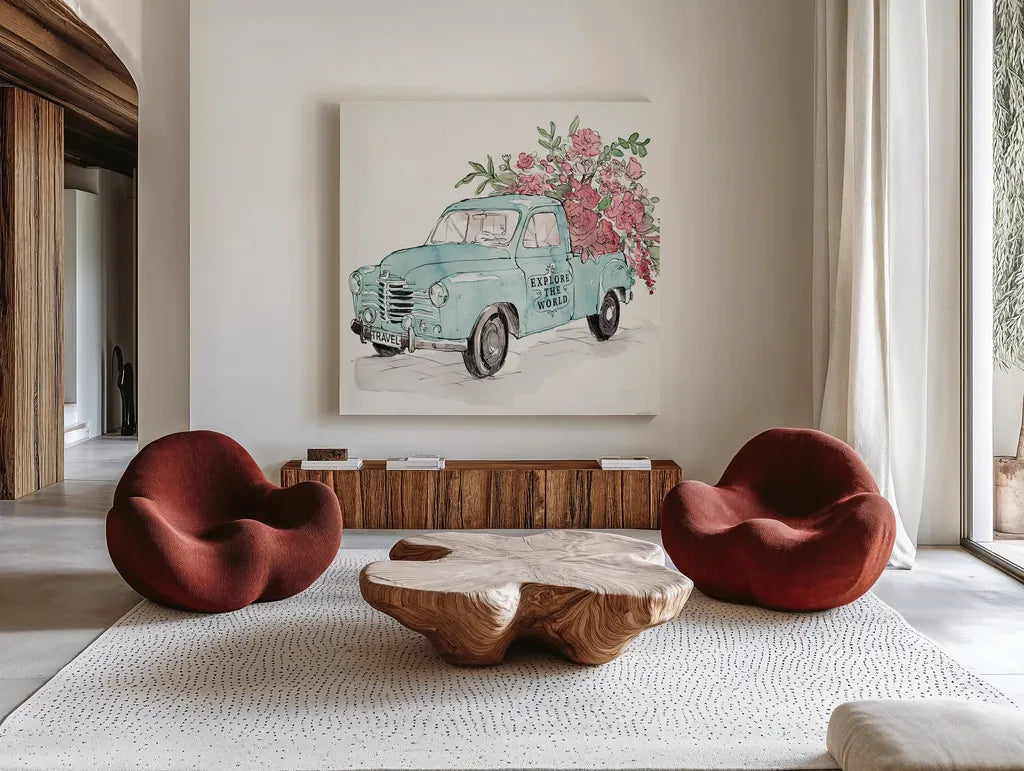 Vintage Travel V by Anne Tavoletti. Shown as extra-large giant wall art in a modern living room. Available as an archival giclee rolled canvas, fine art paper, or poster print. SKU 82093a.