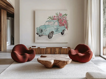 Vintage Travel V by Anne Tavoletti. Shown as extra-large giant wall art in a modern living room. Available as an archival giclee rolled canvas, fine art paper, or poster print. SKU 82093a.