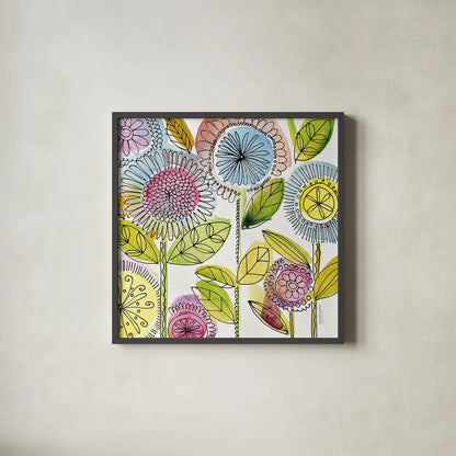 Watercolor Flowers by Anne Tavoletti. Shown in a sleek black glass frame for a contemporary gallery look. Available as an archival giclee rolled canvas, fine art paper, or poster print. SKU 18035a.