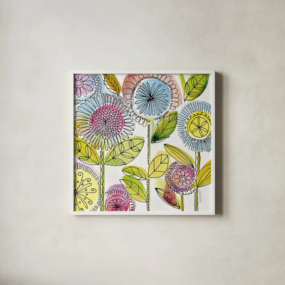 Watercolor Flowers by Anne Tavoletti. Shown in a crisp white glass frame for a clean and minimalist style. Available as an archival giclee rolled canvas, fine art paper, or poster print. SKU 18035a.