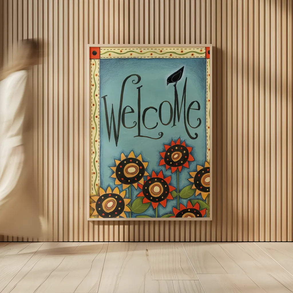 Welcome Crow by Anne Tavoletti. shown as over sized large wall art. Available as an archival giclee rolled canvas, fine art paper, or poster print. SKU 26562h.