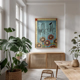 Welcome Crow by Anne Tavoletti. shown as a print in a natural wood frame in a dining room. Available as a archival giclee rolled canvas, fine art paper, or poster print. SKU 26562h.