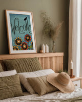 Welcome Crow by Anne Tavoletti. shown as a paper print in a natural frame. Available as a archival giclee rolled canvas, fine art paper, or poster print. SKU 26562h.
