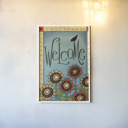 Welcome Crow by Anne Tavoletti. shown as a paper print in a white frame. Available as a archival giclee rolled canvas, fine art paper, or poster print. SKU 26562h.