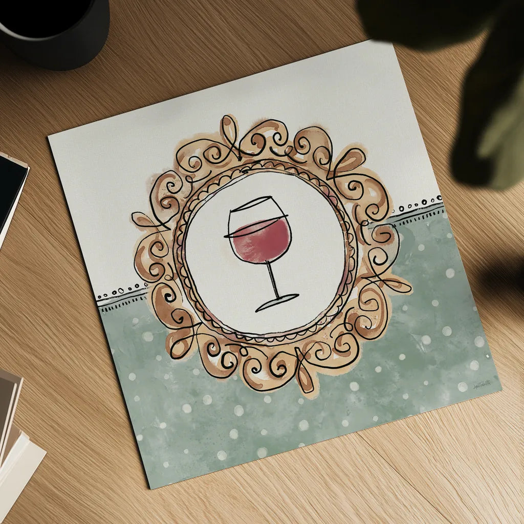 Wine Sentiments V by Anne Tavoletti. Shown as a detailed flat fine art print, highlighting archival giclee quality. Available as an archival giclee rolled canvas, fine art paper, or poster print. SKU 90463a.