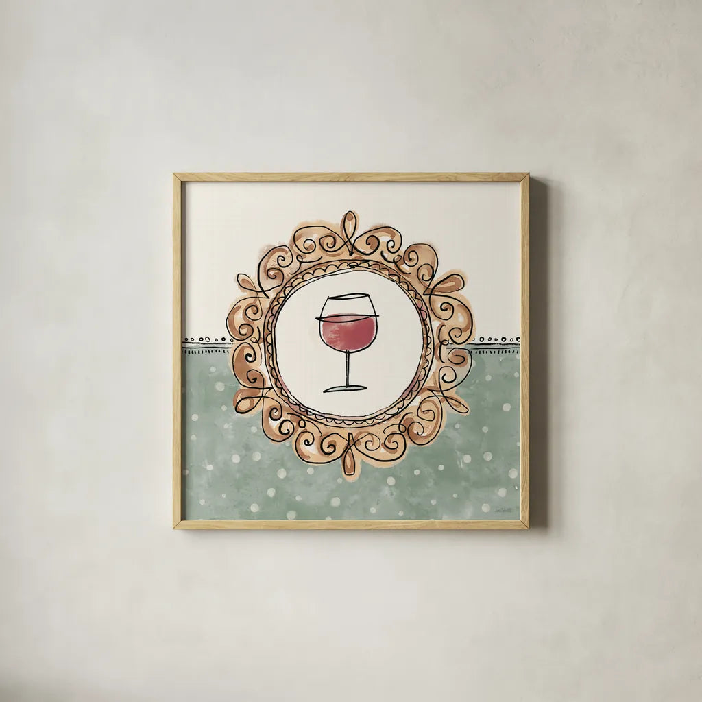 Wine Sentiments V by Anne Tavoletti. Shown in a natural wood glass frame for a timeless modern aesthetic. Available as an archival giclee rolled canvas, fine art paper, or poster print. SKU 90463a.