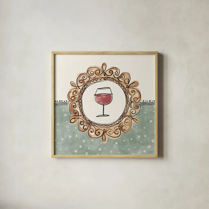 Wine Sentiments V by Anne Tavoletti. Shown in a natural wood glass frame for a timeless modern aesthetic. Available as an archival giclee rolled canvas, fine art paper, or poster print. SKU 90463a.