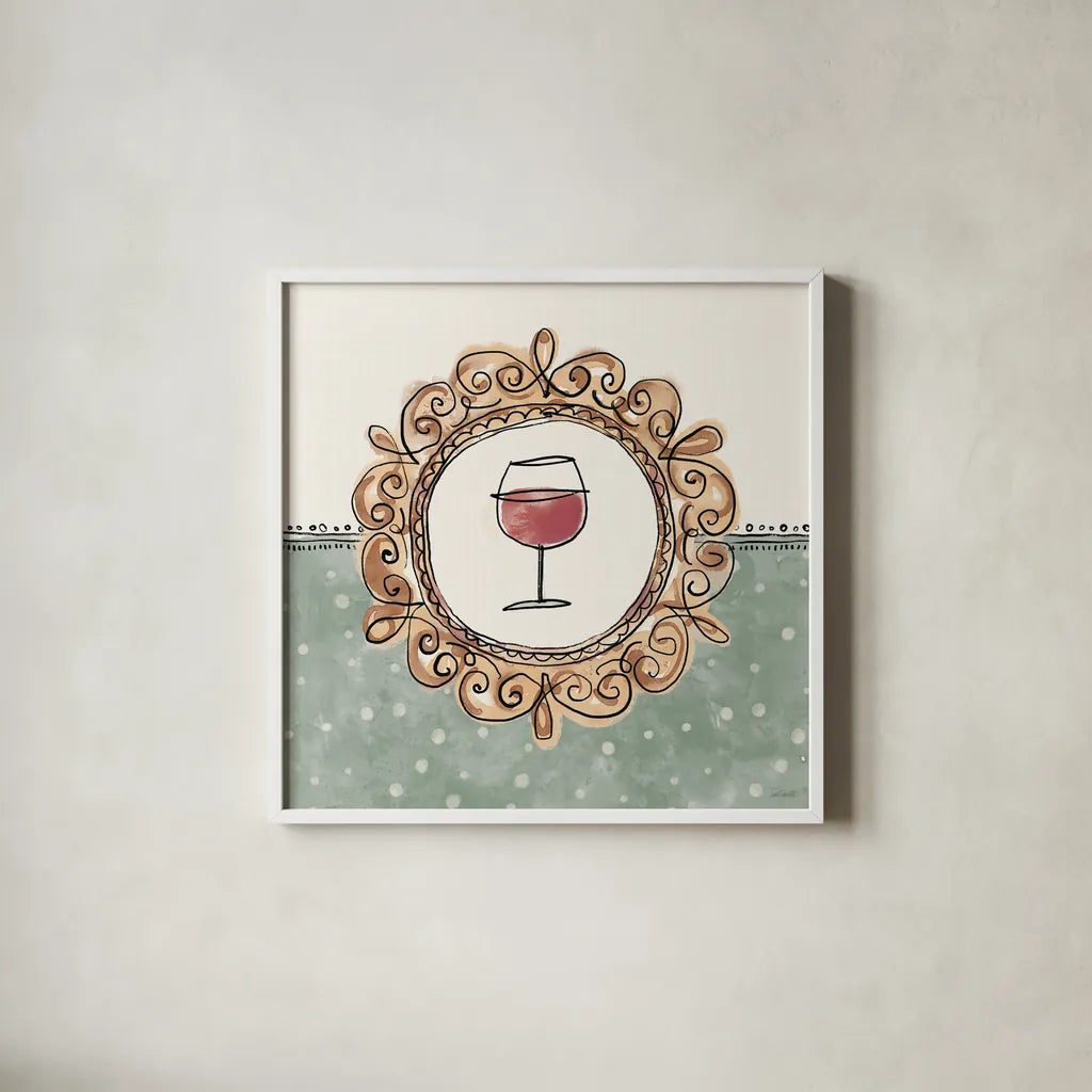 Wine Sentiments V by Anne Tavoletti. Shown in a crisp white glass frame for a clean and minimalist style. Available as an archival giclee rolled canvas, fine art paper, or poster print. SKU 90463a.