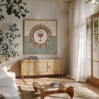 Wine Sentiments V by Anne Tavoletti. Shown in a natural wood frame in a cozy modern living room. Available as an archival giclee rolled canvas, fine art paper, or poster print. SKU 90463a.