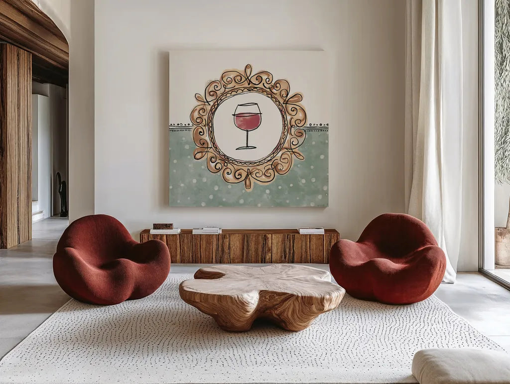 Wine Sentiments V by Anne Tavoletti. Shown as extra-large giant wall art in a modern living room. Available as an archival giclee rolled canvas, fine art paper, or poster print. SKU 90463a.