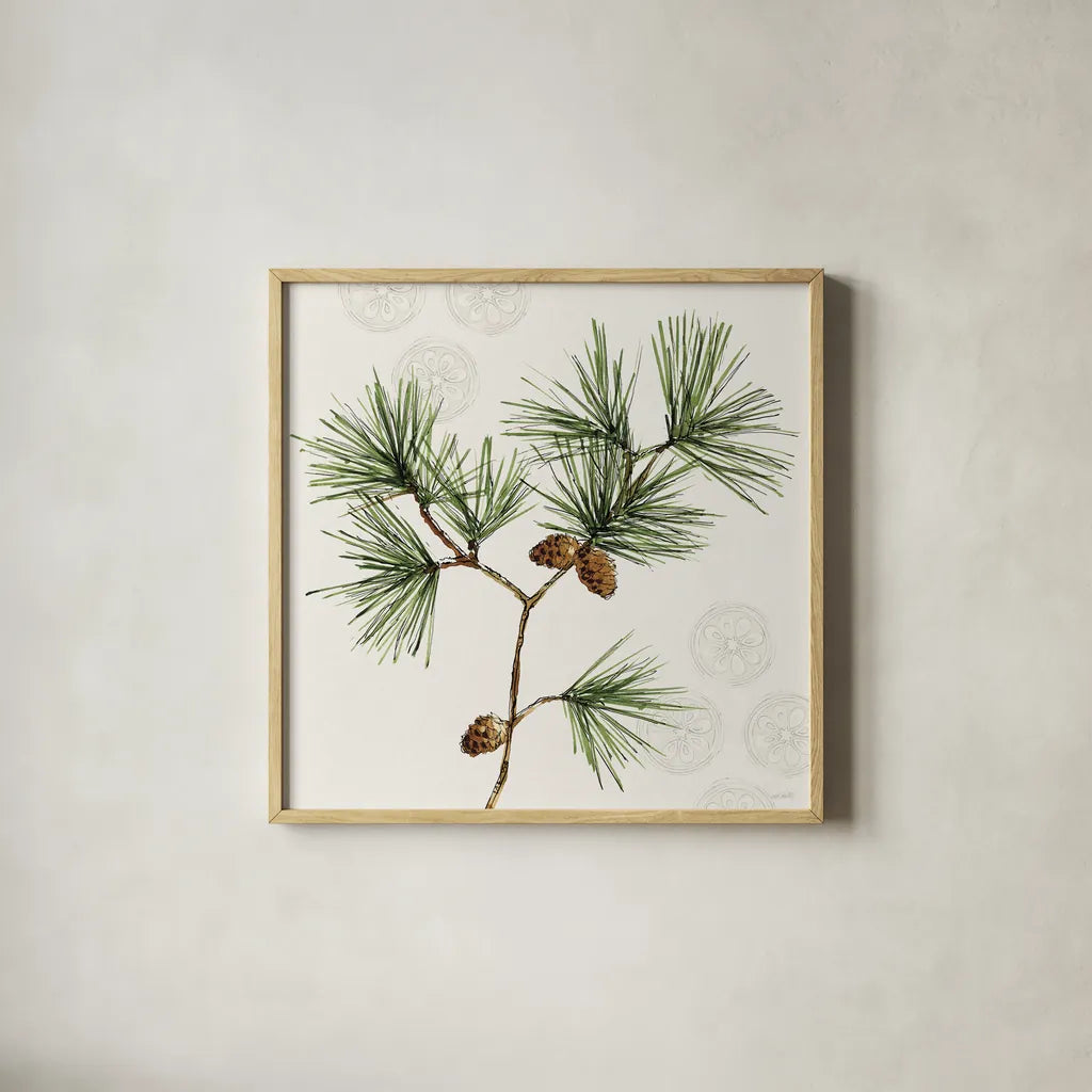 Winter Adornment II by Anne Tavoletti. Shown in a natural wood glass frame for a timeless modern aesthetic. Available as an archival giclee rolled canvas, fine art paper, or poster print. SKU 88995a.