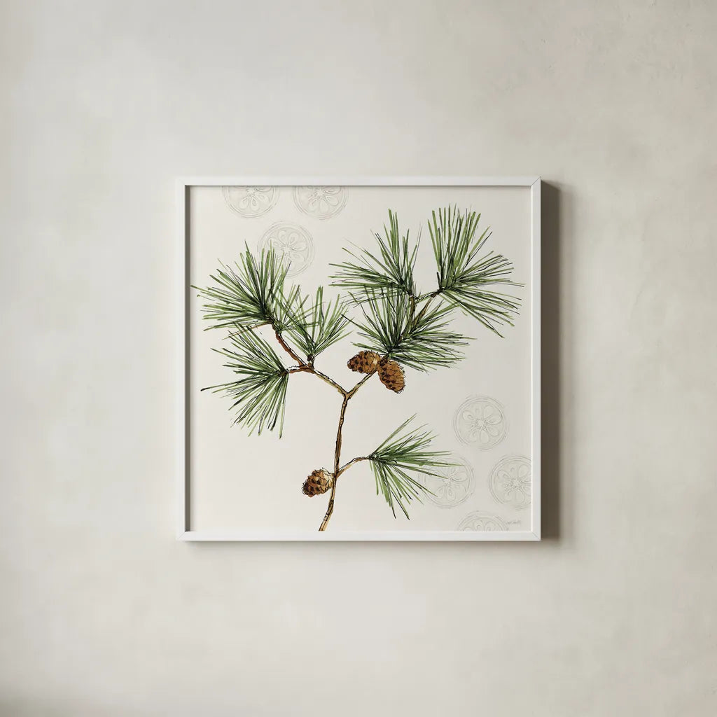 Winter Adornment II by Anne Tavoletti. Shown in a crisp white glass frame for a clean and minimalist style. Available as an archival giclee rolled canvas, fine art paper, or poster print. SKU 88995a.