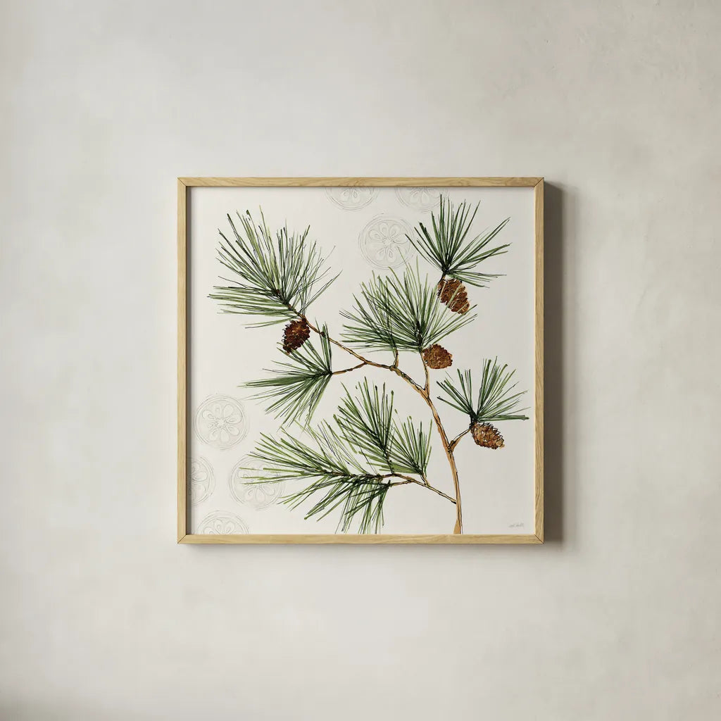 Winter Adornment III by Anne Tavoletti. Shown in a natural wood glass frame for a timeless modern aesthetic. Available as an archival giclee rolled canvas, fine art paper, or poster print. SKU 88996a.