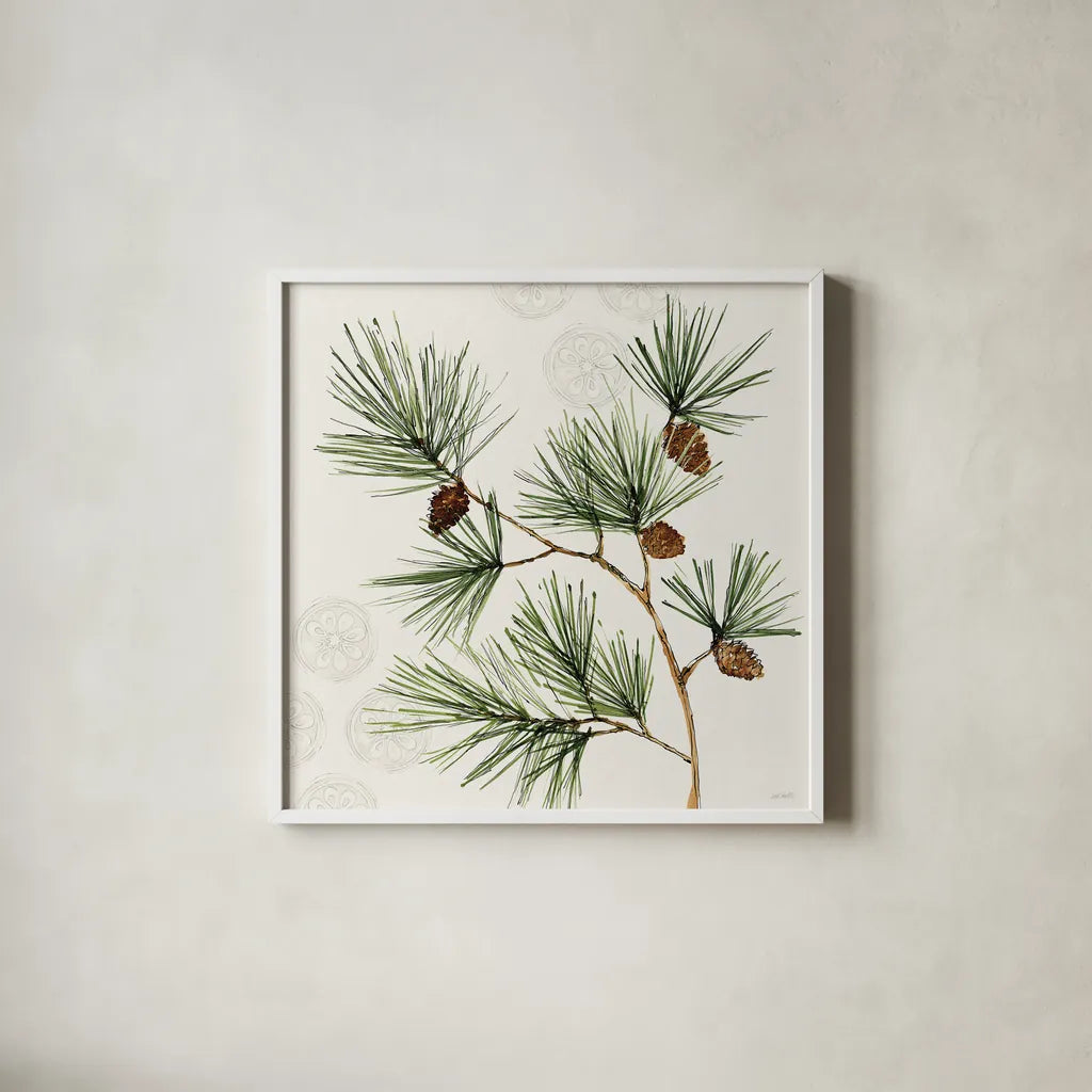 Winter Adornment III by Anne Tavoletti. Shown in a crisp white glass frame for a clean and minimalist style. Available as an archival giclee rolled canvas, fine art paper, or poster print. SKU 88996a.