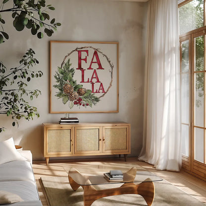 Winter Adornment IV by Anne Tavoletti. Shown in a natural wood frame in a cozy modern living room. Available as an archival giclee rolled canvas, fine art paper, or poster print. SKU 88997a.