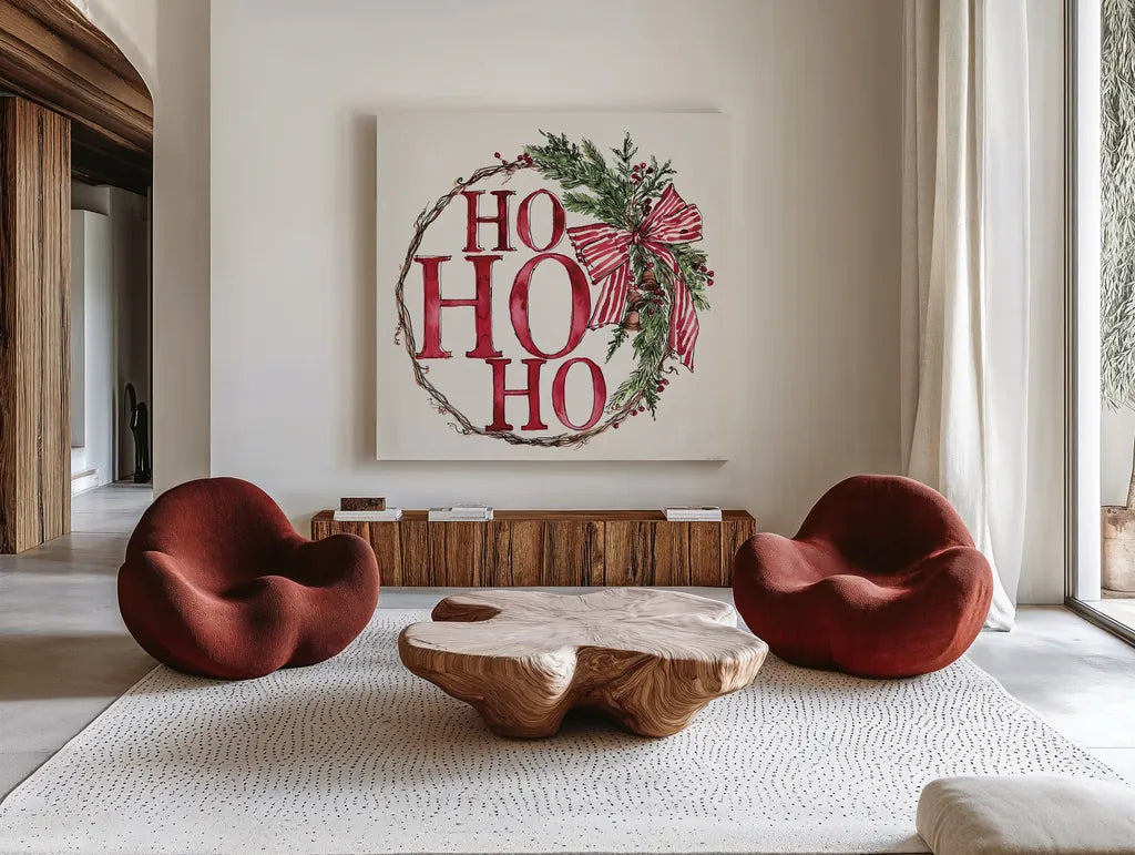 Winter Adornment V by Anne Tavoletti. Shown as extra-large giant wall art in a modern living room. Available as an archival giclee rolled canvas, fine art paper, or poster print. SKU 88998a.
