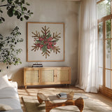 Winter Adornment VI by Anne Tavoletti. Shown in a natural wood frame in a cozy modern living room. Available as an archival giclee rolled canvas, fine art paper, or poster print. SKU 88999a.