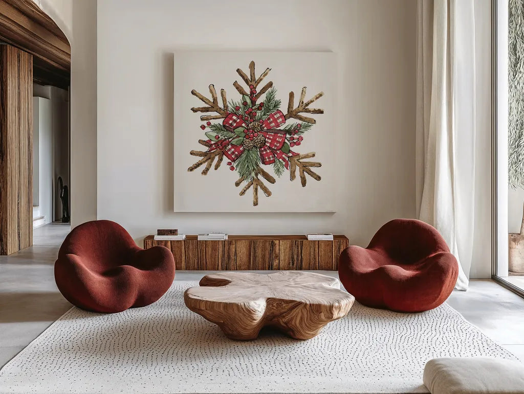 Winter Adornment VI by Anne Tavoletti. Shown as extra-large giant wall art in a modern living room. Available as an archival giclee rolled canvas, fine art paper, or poster print. SKU 88999a.