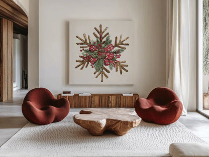 Winter Adornment VI by Anne Tavoletti. Shown as extra-large giant wall art in a modern living room. Available as an archival giclee rolled canvas, fine art paper, or poster print. SKU 88999a.