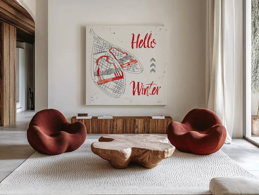 Winter Fashion IX by Anne Tavoletti. Shown as extra-large giant wall art in a modern living room. Available as an archival giclee rolled canvas, fine art paper, or poster print. SKU 42324a.