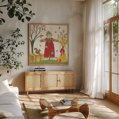 Woodland Harvest II by Anne Tavoletti. Shown in a natural wood frame in a cozy modern living room. Available as an archival giclee rolled canvas, fine art paper, or poster print. SKU 94545a.