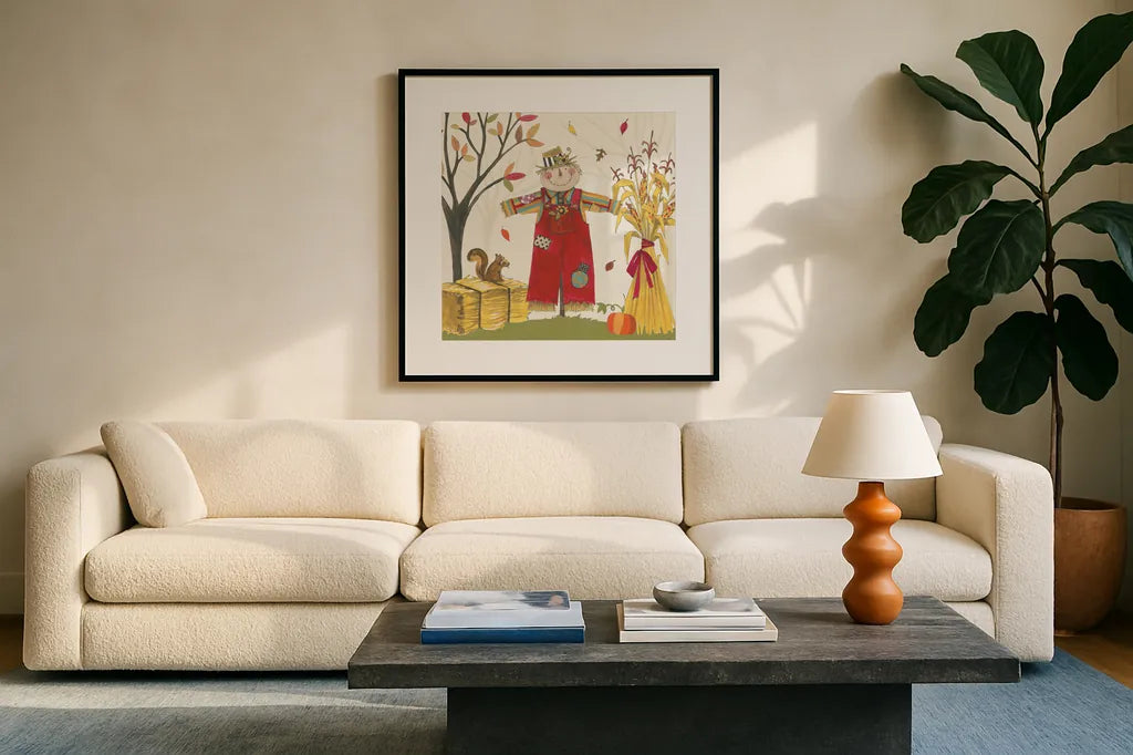 Woodland Harvest II by Anne Tavoletti. Displayed in a glass frame with matte in a clean modern living room. Available as an archival giclee rolled canvas, fine art paper, or poster print. SKU 94545a.