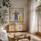 Woodland Harvest III by Anne Tavoletti. Shown in a natural wood frame in a cozy modern living room. Available as an archival giclee rolled canvas, fine art paper, or poster print. SKU 94546a.