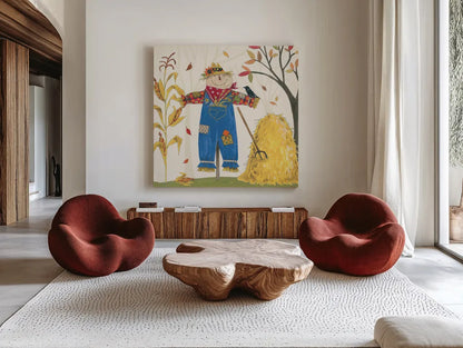 Woodland Harvest III by Anne Tavoletti. Shown as extra-large giant wall art in a modern living room. Available as an archival giclee rolled canvas, fine art paper, or poster print. SKU 94546a.