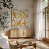 Woodland Harvest VI by Anne Tavoletti. Shown in a natural wood frame in a cozy modern living room. Available as an archival giclee rolled canvas, fine art paper, or poster print. SKU 94549a.