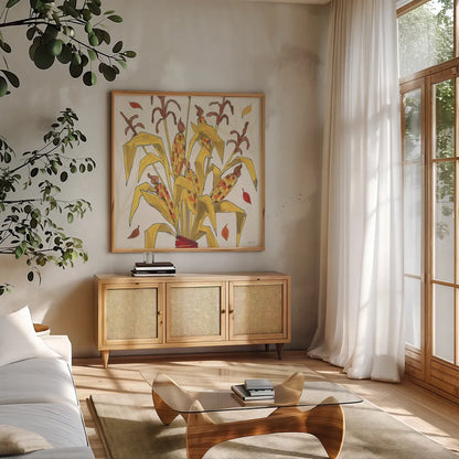 Woodland Harvest VII by Anne Tavoletti. Shown in a natural wood frame in a cozy modern living room. Available as an archival giclee rolled canvas, fine art paper, or poster print. SKU 94550a.