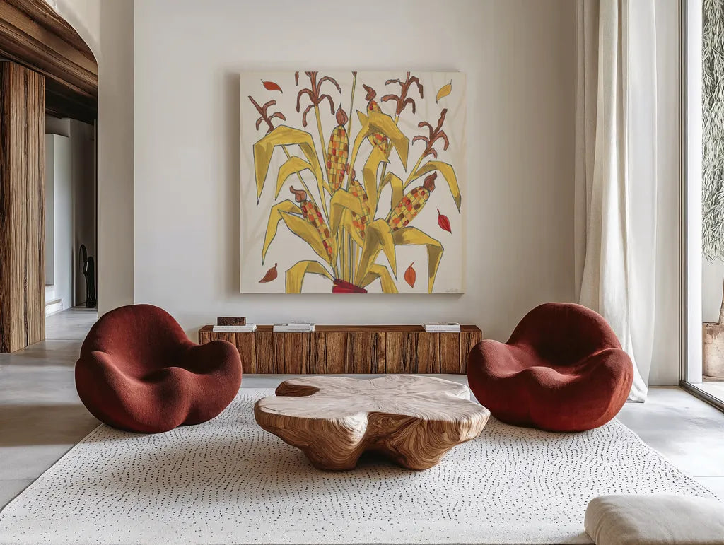 Woodland Harvest VII by Anne Tavoletti. Shown as extra-large giant wall art in a modern living room. Available as an archival giclee rolled canvas, fine art paper, or poster print. SKU 94550a.