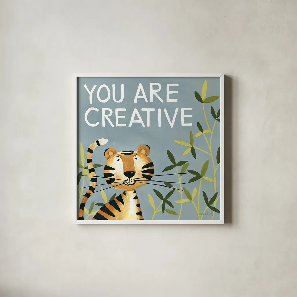 You Are Creative by Anne Tavoletti. Shown in a crisp white glass frame for a clean and minimalist style. Available as an archival giclee rolled canvas, fine art paper, or poster print. SKU 18512a.