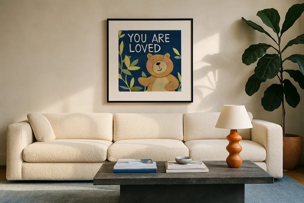 You Are Loved by Anne Tavoletti. Displayed in a glass frame with matte in a clean modern living room. Available as an archival giclee rolled canvas, fine art paper, or poster print. SKU 18510a.