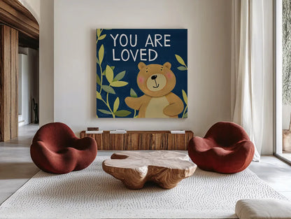 You Are Loved by Anne Tavoletti. Shown as extra-large giant wall art in a modern living room. Available as an archival giclee rolled canvas, fine art paper, or poster print. SKU 18510a.