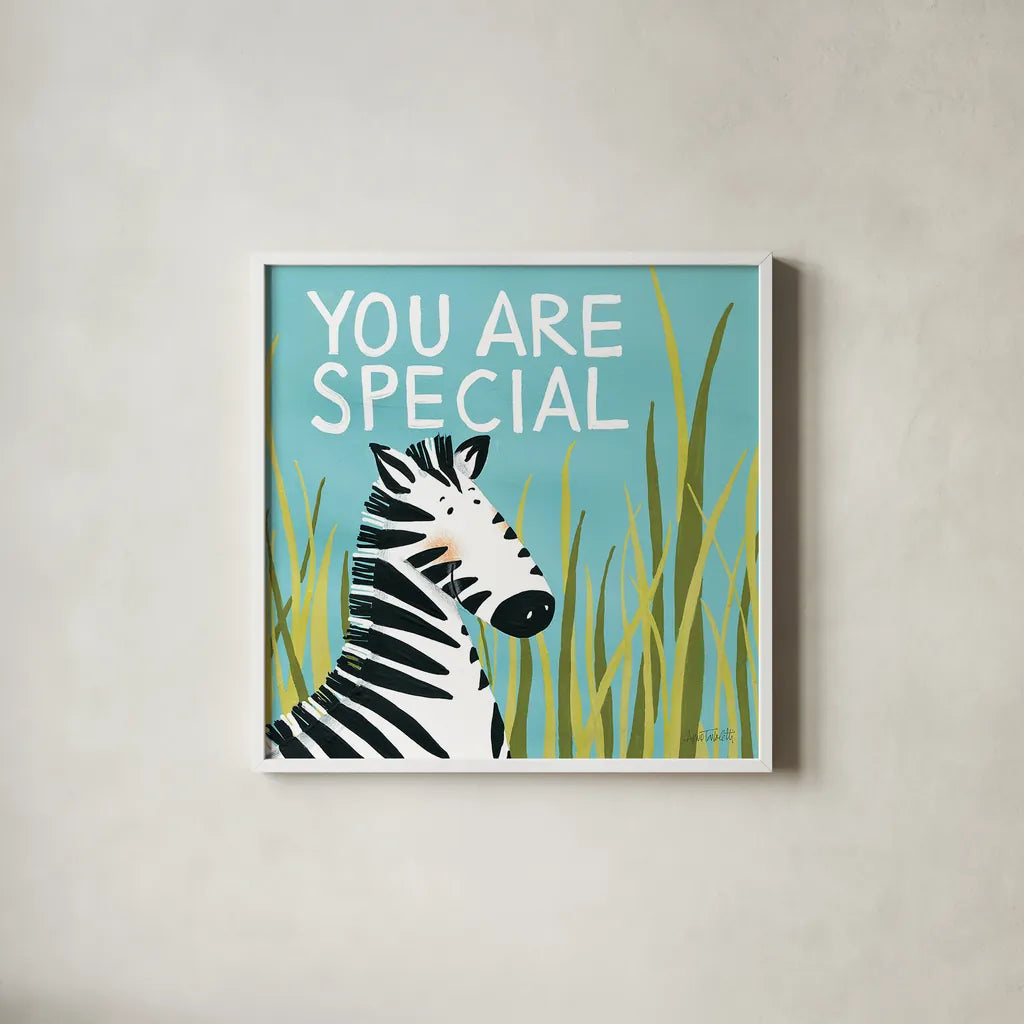 You Are Special by Anne Tavoletti. Shown in a crisp white glass frame for a clean and minimalist style. Available as an archival giclee rolled canvas, fine art paper, or poster print. SKU 18511a.
