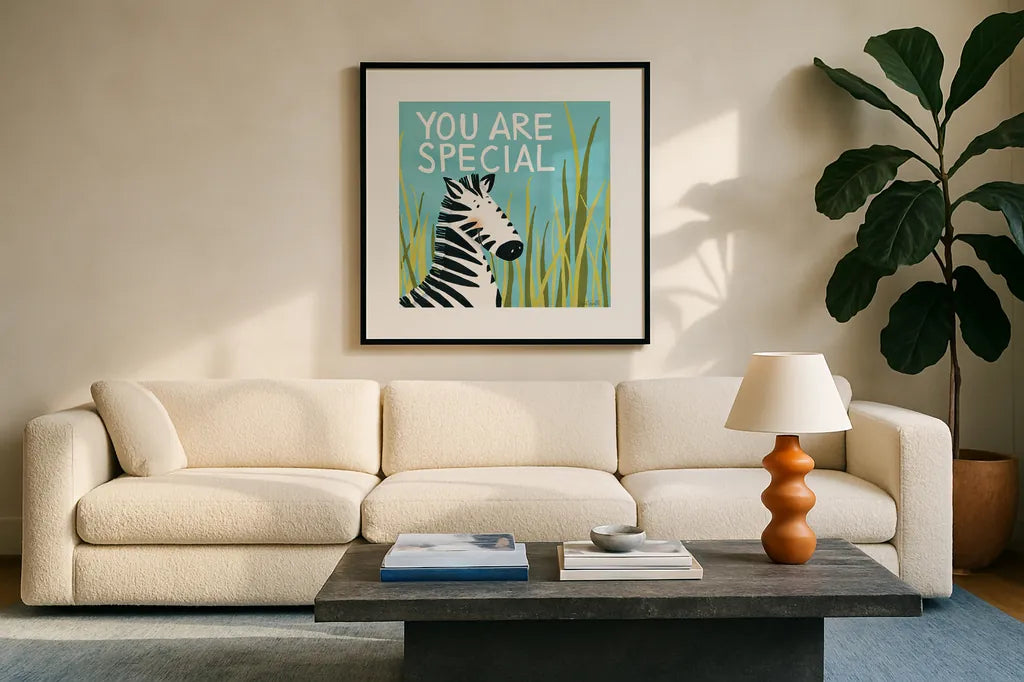 You Are Special by Anne Tavoletti. Displayed in a glass frame with matte in a clean modern living room. Available as an archival giclee rolled canvas, fine art paper, or poster print. SKU 18511a.