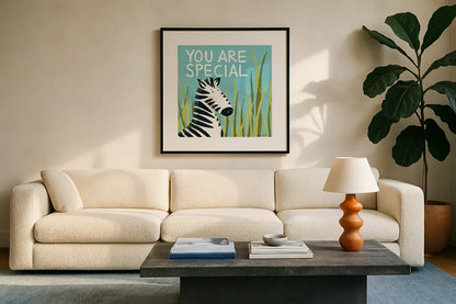 You Are Special by Anne Tavoletti. Displayed in a glass frame with matte in a clean modern living room. Available as an archival giclee rolled canvas, fine art paper, or poster print. SKU 18511a.