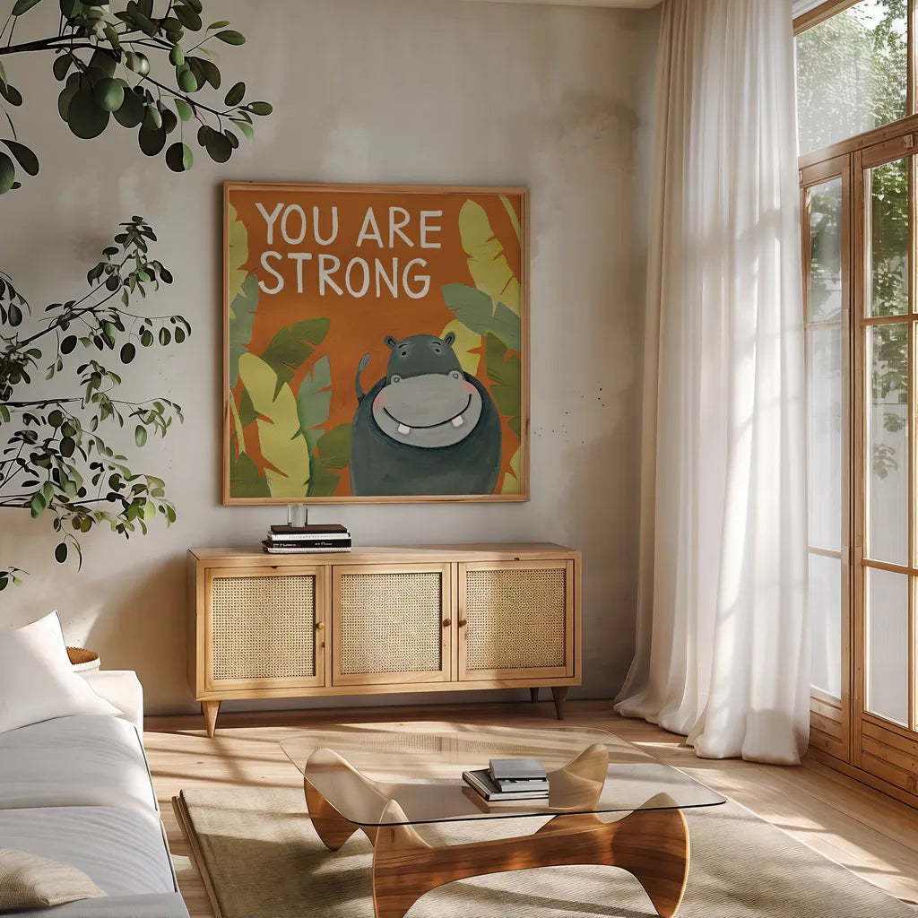 You Are Strong by Anne Tavoletti. Shown in a natural wood frame in a cozy modern living room. Available as an archival giclee rolled canvas, fine art paper, or poster print. SKU 18513a.