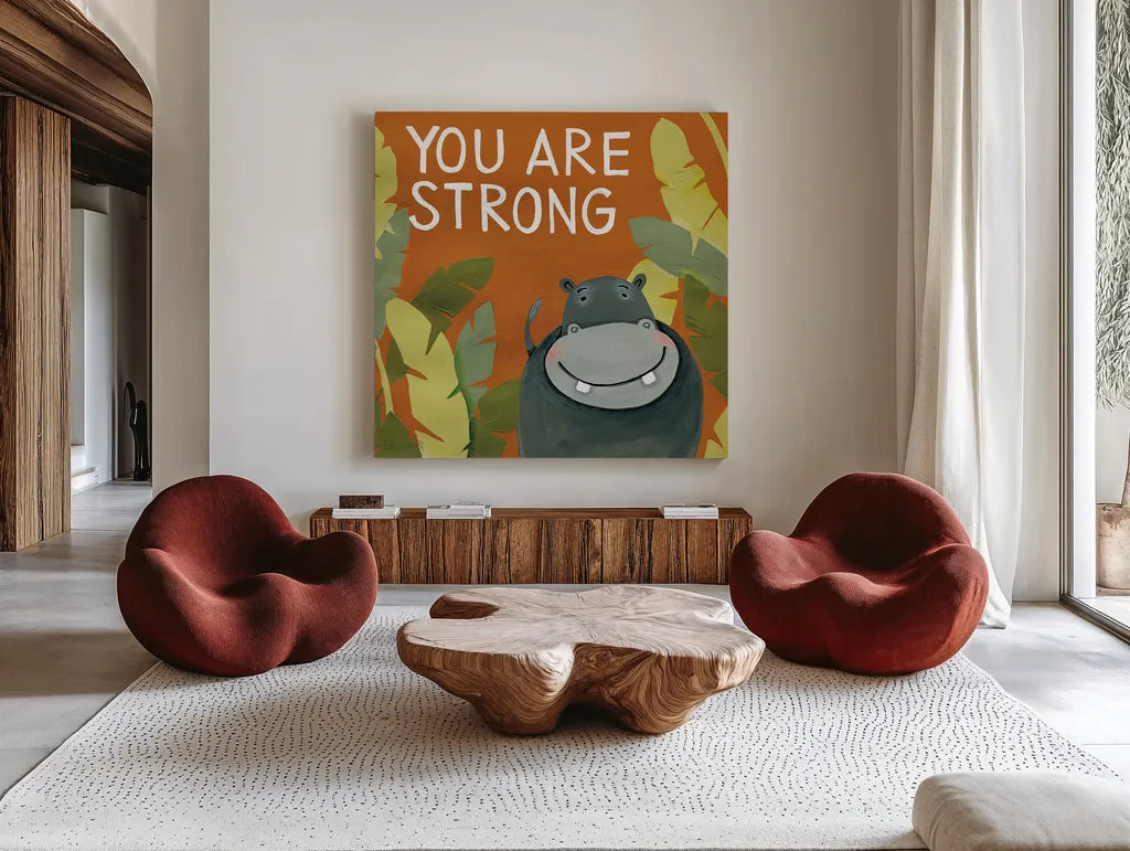 You Are Strong by Anne Tavoletti. Shown as extra-large giant wall art in a modern living room. Available as an archival giclee rolled canvas, fine art paper, or poster print. SKU 18513a.