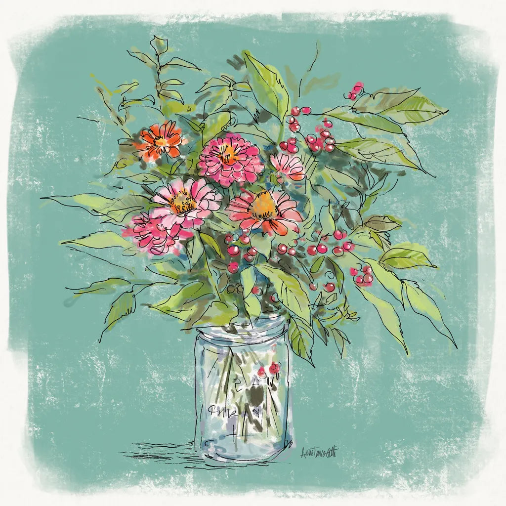 Zinnias in Glass Jar by Anne Tavoletti. SKU 100597a. Archival Giclee Fine art print for wall decor.