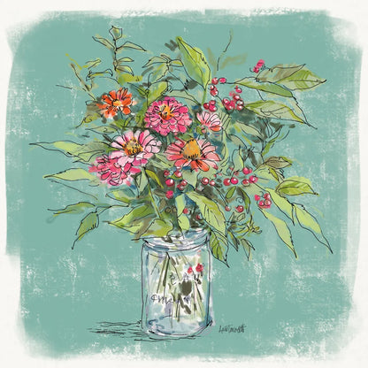 Zinnias in Glass Jar by Anne Tavoletti. SKU 100597a. Archival Giclee Fine art print for wall decor.