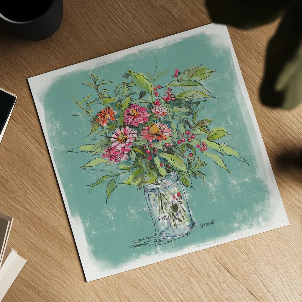 Zinnias in Glass Jar by Anne Tavoletti. Shown as a detailed flat fine art print, highlighting archival giclee quality. Available as an archival giclee rolled canvas, fine art paper, or poster print. SKU 100597a.