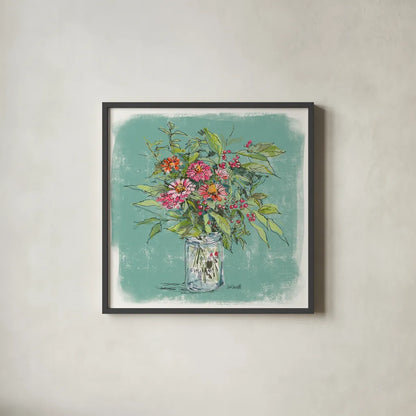 Zinnias in Glass Jar by Anne Tavoletti. Shown in a sleek black glass frame for a contemporary gallery look. Available as an archival giclee rolled canvas, fine art paper, or poster print. SKU 100597a.