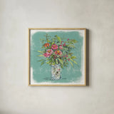 Zinnias in Glass Jar by Anne Tavoletti. Shown in a natural wood glass frame for a timeless modern aesthetic. Available as an archival giclee rolled canvas, fine art paper, or poster print. SKU 100597a.