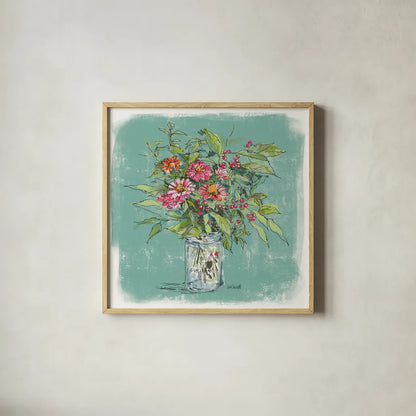 Zinnias in Glass Jar by Anne Tavoletti. Shown in a natural wood glass frame for a timeless modern aesthetic. Available as an archival giclee rolled canvas, fine art paper, or poster print. SKU 100597a.