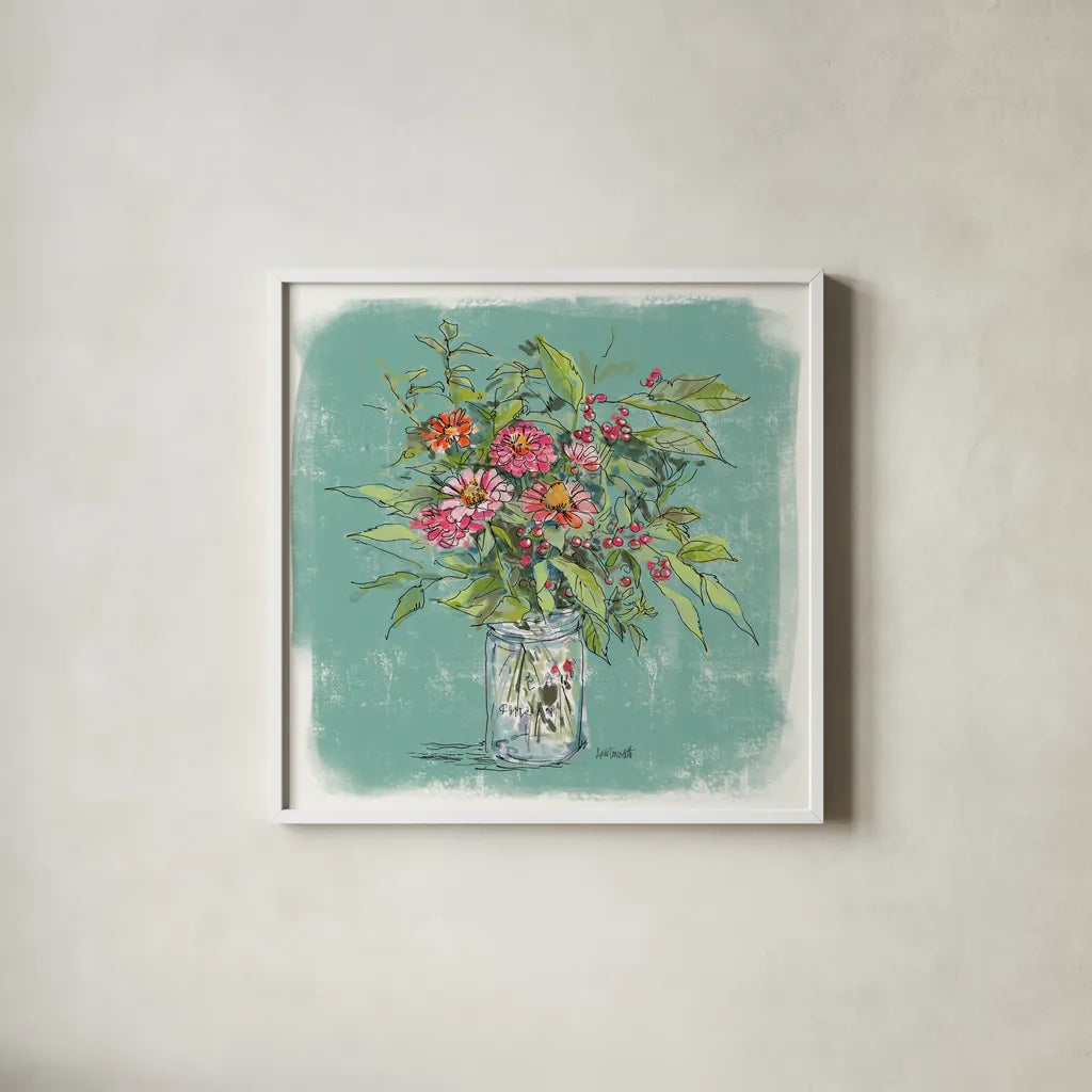 Zinnias in Glass Jar by Anne Tavoletti. Shown in a crisp white glass frame for a clean and minimalist style. Available as an archival giclee rolled canvas, fine art paper, or poster print. SKU 100597a.