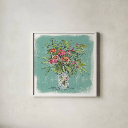Zinnias in Glass Jar by Anne Tavoletti. Shown in a crisp white glass frame for a clean and minimalist style. Available as an archival giclee rolled canvas, fine art paper, or poster print. SKU 100597a.