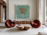 Zinnias in Glass Jar by Anne Tavoletti. Shown as extra-large giant wall art in a modern living room. Available as an archival giclee rolled canvas, fine art paper, or poster print. SKU 100597a.